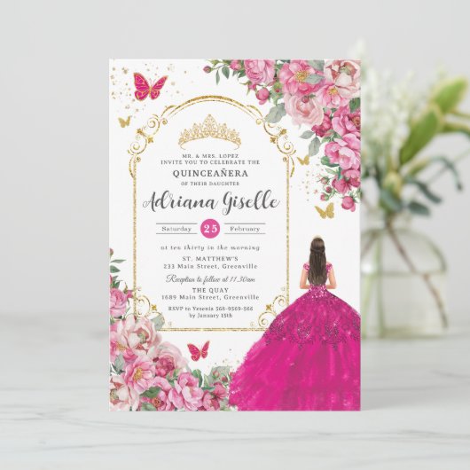 Fuchsia Roze Bloemen Goud Quinceañera Sweet 16 XV Kaart (Staand voorkant)