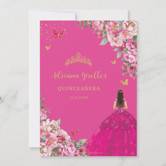 Fuchsia Roze Bloemen Goud Quinceañera Sweet 16 XV Kaart (Achterkant)