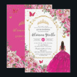 Fuchsia Roze Bloemen Goud Quinceañera Sweet 16 XV Kaart<br><div class="desc">Personaliseer deze elegante fuchsia floral Quinceañera / Sweet 16 verjaardagsuitnodiging gemakkelijk en snel. Klik op de knop Bewerken met het gereedschap Ontwerp om de tekst verder te bewerken, lettertype- en lettertypekleuren te wijzigen. Met prachtige fuchsia, hete roze, lichtroze rozen en een meisje gekleed in een levendige fuchsia baljurk. Perfect voor...</div>