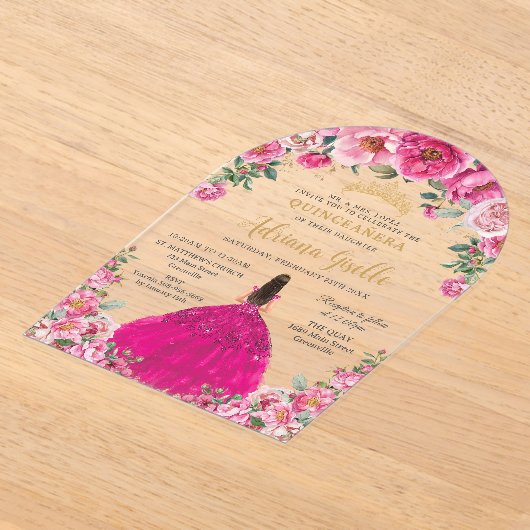 Fuchsia Roze Bloemen Goud Quinceanera XV Zoet 16 Acryl Uitnodigingen (Laagn)