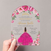 Fuchsia Roze Bloemen Goud Quinceanera XV Zoet 16 Acryl Uitnodigingen (Insitu (Draagbaar))