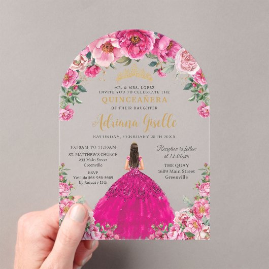 Fuchsia Roze Bloemen Goud Quinceanera XV Zoet 16 Acryl Uitnodigingen (Insitu (Draagbaar))