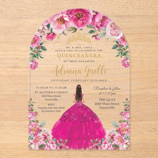 Fuchsia Roze Bloemen Goud Quinceanera XV Zoet 16 Acryl Uitnodigingen (Voorkant)