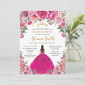 Fuchsia Roze Bloemen Goud Quinceanera XV Zoet 16 Kaart (Staand voorkant)