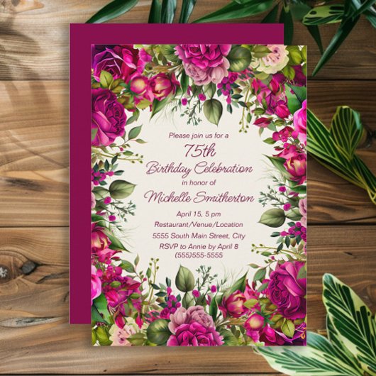 Fuchsia Roze Bloemen Groen Bladeren 75e Verjaardag Kaart