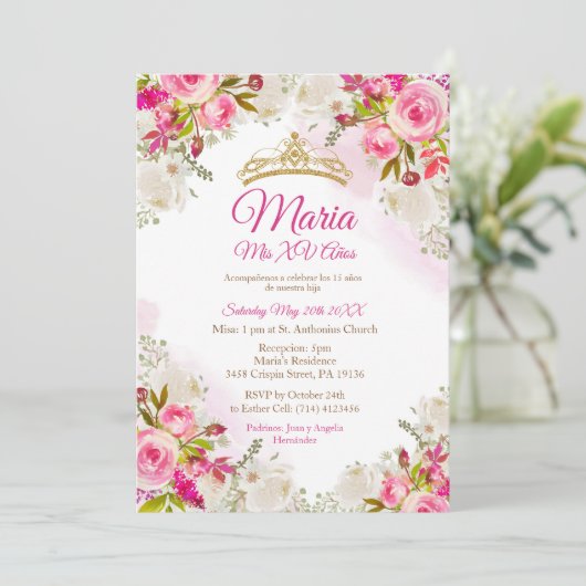 Fuchsia Roze Bloemen Mis XV Jaar Verjaardag  Kaart (Staand voorkant)