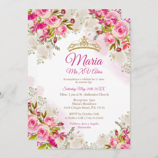 Fuchsia Roze Bloemen Mis XV Jaar Verjaardag  Kaart (Voorkant / Achterkant)