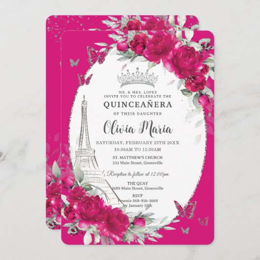 Fuchsia Roze Bloemen Paris Vlinders Quinceañera Kaart (Voorkant / Achterkant)