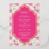Fuchsia Roze Bloemen Patroon Moslim Bruiloft Goud Folie Uitnodiging (Voorkant)