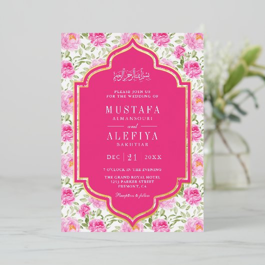 Fuchsia Roze Bloemen Patroon Moslim Bruiloft Goud Folie Uitnodiging (Staand Voorkant)