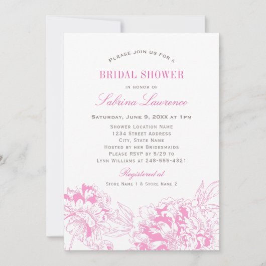 Fuchsia Roze Bloemen Pioen Bruiloft Vrijgezellenfe Kaart (Voorkant)