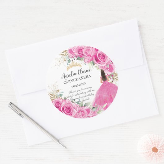 Fuchsia Roze Bloemen Prinses Goud Quinceañera XV Ronde Sticker (Envelop)