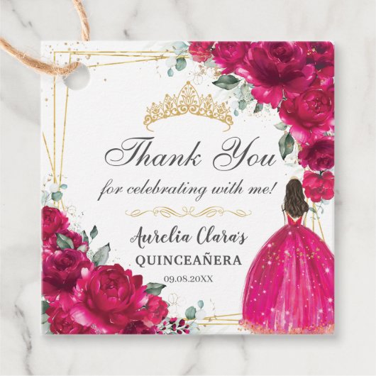 Fuchsia Roze Bloemen Prinses Gown Goud Quinceañera Bedankjes Labels (Voorkant)