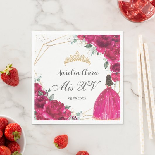 Fuchsia Roze Bloemen Prinses Gown Goud Quinceañera Servet (Insitu)