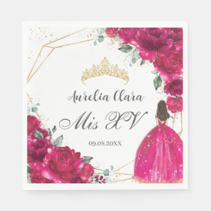 Fuchsia Roze Bloemen Prinses Gown Goud Quinceañera Servet