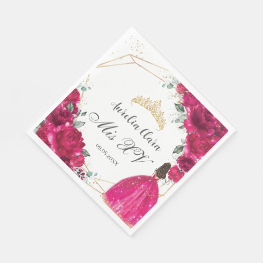 Fuchsia Roze Bloemen Prinses Gown Goud Quinceañera Servet (Hoek)