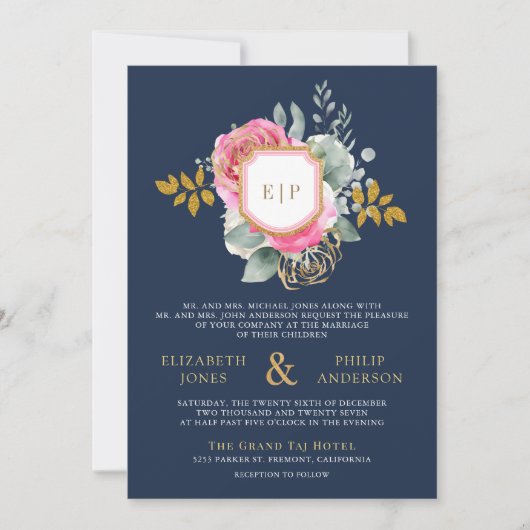 Fuchsia Roze Bloemen QR Code Navy Crest Wedding Kaart (Voorkant)