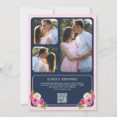 Fuchsia Roze Bloemen QR Code Navy Crest Wedding Kaart (Achterkant)