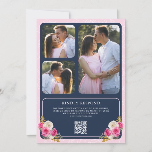 Fuchsia Roze Bloemen QR Code Navy Crest Wedding Kaart (Achterkant)