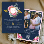 Fuchsia Roze Bloemen QR Code Navy Crest Wedding Kaart