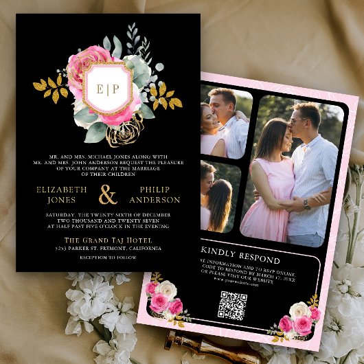 Fuchsia Roze Bloemen QR Code Zwart Kreeft Trouwen Kaart