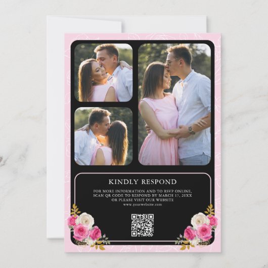 Fuchsia Roze Bloemen QR Code Zwart Kreeft Trouwen Kaart (Achterkant)