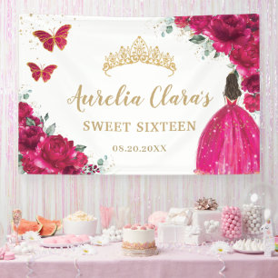 Fuchsia Roze Bloemen Quinceañera Sweet 16 Achtergr Spandoek