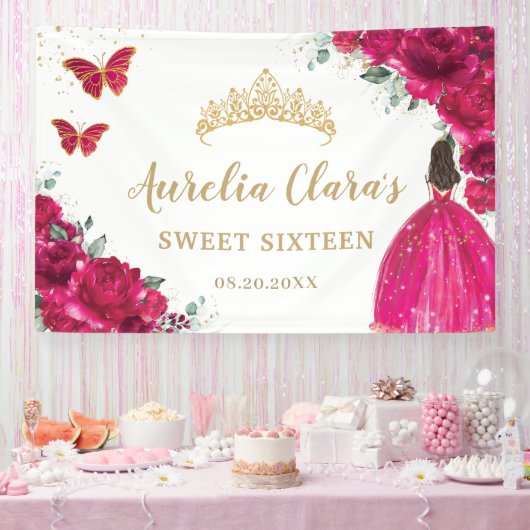 Fuchsia Roze Bloemen Quinceañera Sweet 16 Achtergr Spandoek (Feest)