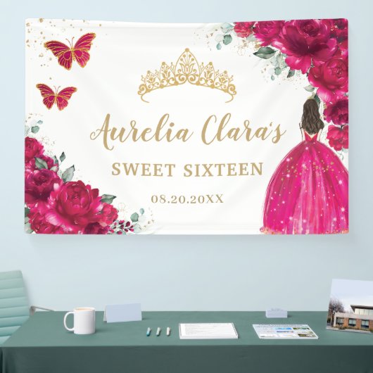 Fuchsia Roze Bloemen Quinceañera Sweet 16 Achtergr Spandoek (Beurs)