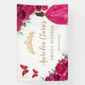 Fuchsia Roze Bloemen Quinceañera Sweet 16 Achtergr Spandoek (Verticaal)