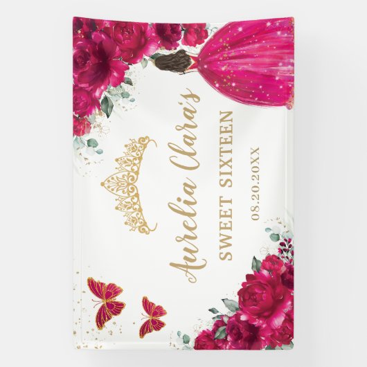 Fuchsia Roze Bloemen Quinceañera Sweet 16 Achtergr Spandoek (Verticaal)