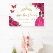 Fuchsia Roze Bloemen Quinceañera Sweet 16 Achtergr Spandoek (Insitu)