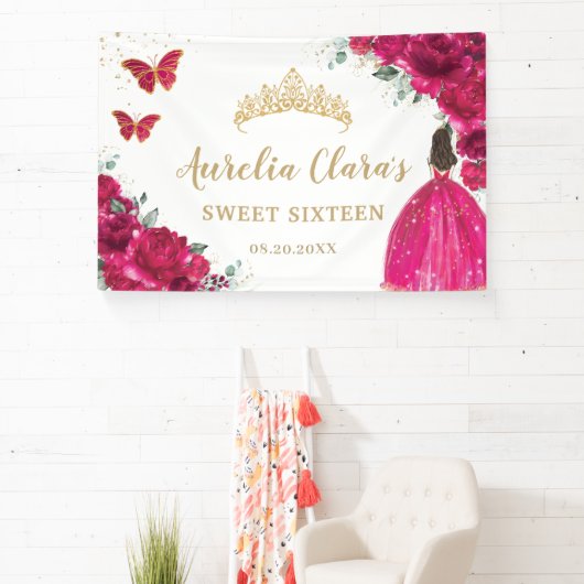 Fuchsia Roze Bloemen Quinceañera Sweet 16 Achtergr Spandoek (Insitu)