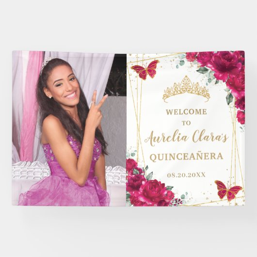 Fuchsia Roze Bloemen Quinceañera Welkom Achtergron Spandoek (Horizontaal)