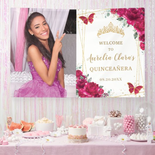 Fuchsia Roze Bloemen Quinceañera Welkom Achtergron Spandoek (Feest)