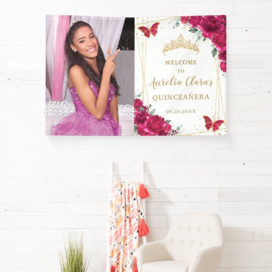 Fuchsia Roze Bloemen Quinceañera Welkom Achtergron Spandoek (Insitu)