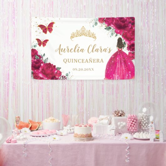 Fuchsia Roze Bloemen Quinceañera Welkom Achtergron Spandoek (Feest)