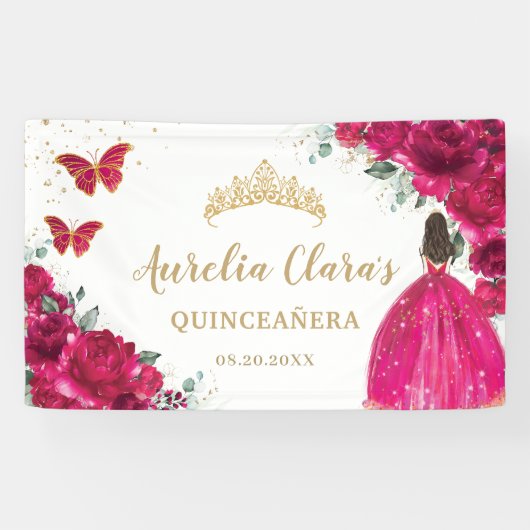 Fuchsia Roze Bloemen Quinceañera Welkom Achtergron Spandoek (Horizontaal)
