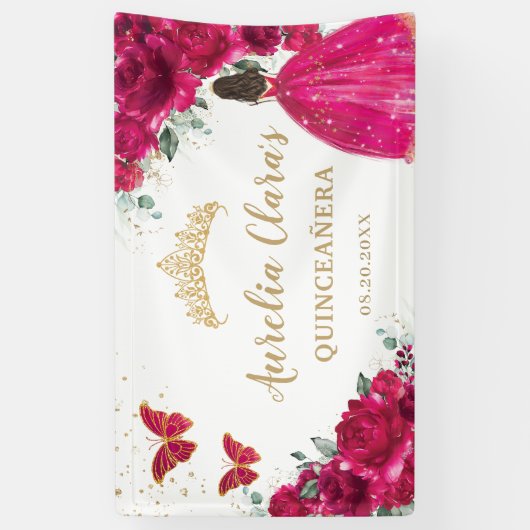 Fuchsia Roze Bloemen Quinceañera Welkom Achtergron Spandoek (Verticaal)