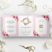 Fuchsia Roze Bloemen Rozen Alles in één Kreeft bru Drieluik Uitnodiging