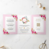 Fuchsia Roze Bloemen Rozen Alles in één Kreeft bru Drieluik Uitnodiging (Binnen)