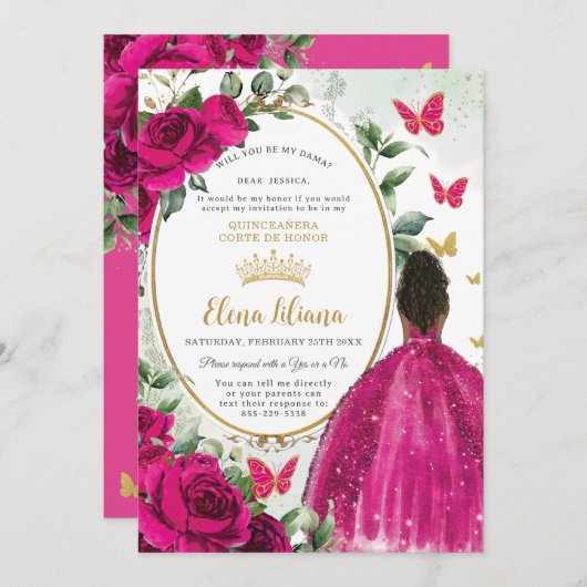 Fuchsia Roze Bloemen Rozen Quinceañera Dama Aanvra Kaart (Voorkant / Achterkant)