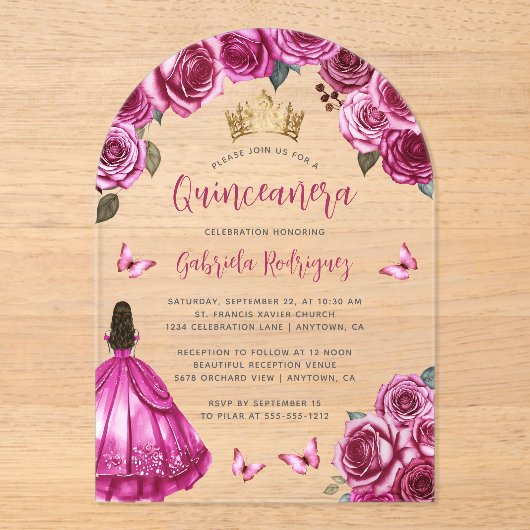 Fuchsia Roze Bloemen Rozen Waterverf Quinceañera Acryl Uitnodigingen (Voorkant)