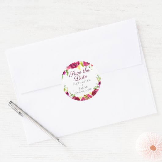 Fuchsia Roze Bloementuin Save the Date Ronde Sticker (Envelop)