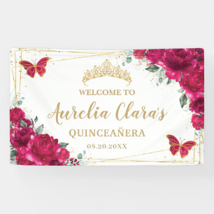 Fuchsia roze bloemenvlinders welkom achtergrond spandoek