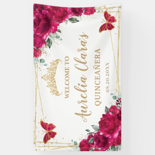 Fuchsia roze bloemenvlinders welkom achtergrond spandoek (Verticaal)