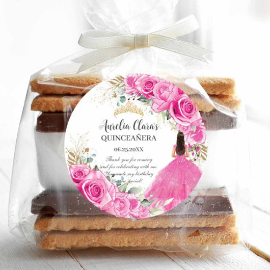Fuchsia Roze Bloemige Prinses Gouden Quinceañera X Ronde Sticker