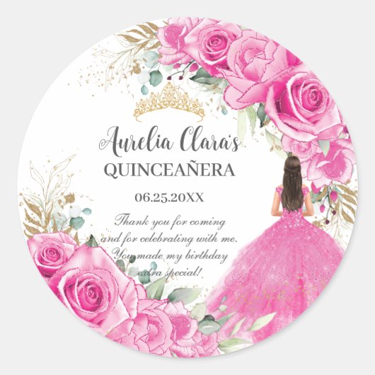 Fuchsia Roze Bloemige Prinses Gouden Quinceañera X Ronde Sticker (Voorkant)