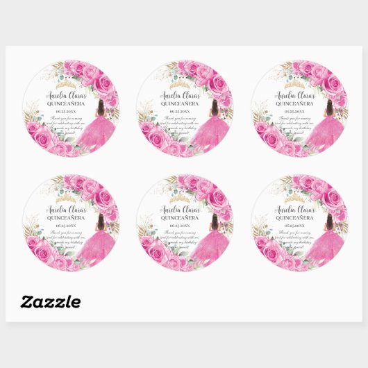 Fuchsia Roze Bloemige Prinses Gouden Quinceañera X Ronde Sticker (Vel)