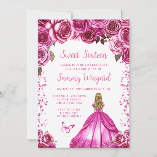 Fuchsia Roze Blond Haar Prinses Sweet Sixteen Kaart (Voorkant)